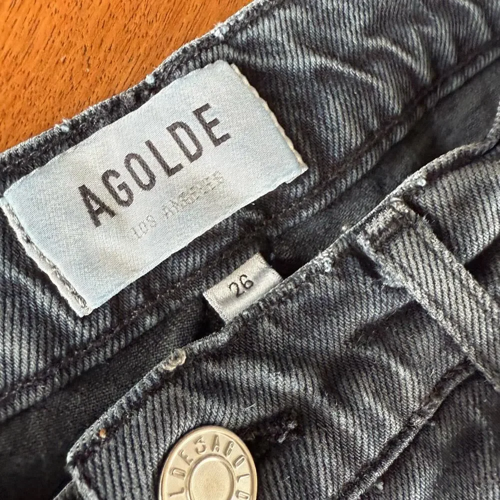 Agolde Toni Mid Rise Straight Leg Distressed Jeans Black‎ Denim Sz 26 Revolve